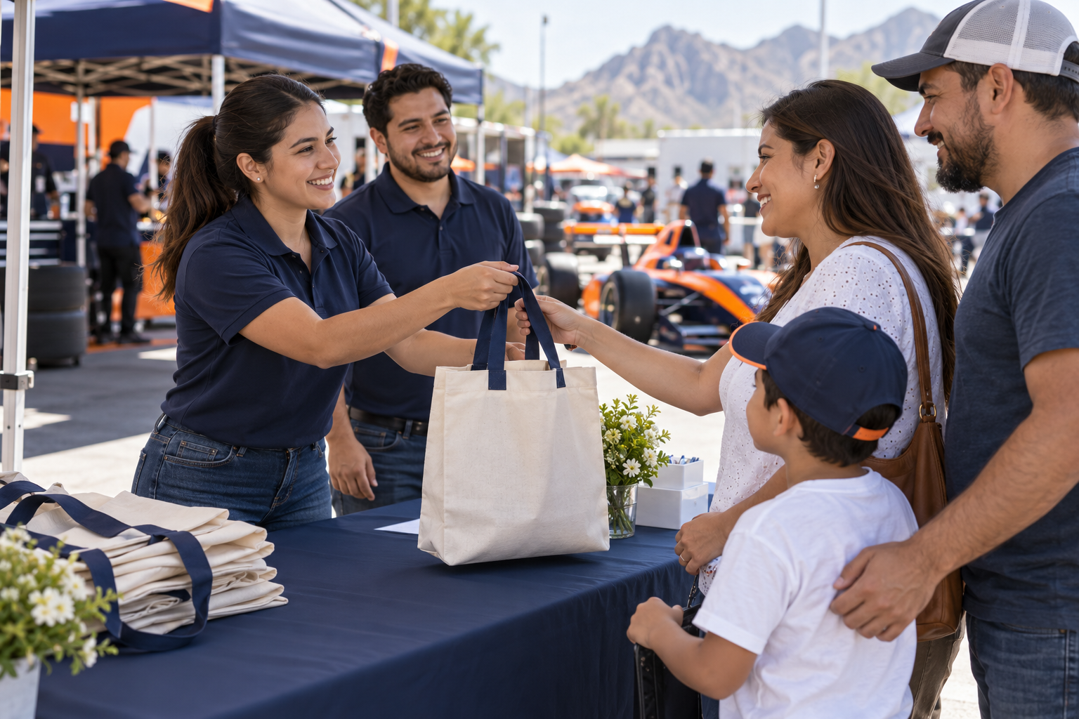 Imagen conceptual de voluntarios recibiendo a una familia en una convivencia de automovilismo.