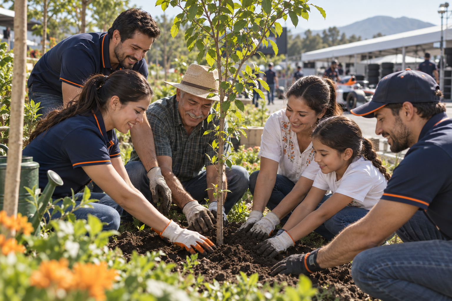 Escena ilustrativa de familias y voluntarios de un equipo de automovilismo plantando un árbol juntos.